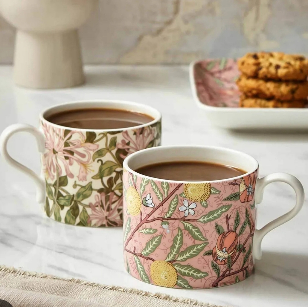 Spode Morris & Co Floral Citrus Porcelain Teacup Set - Pink & Yellow